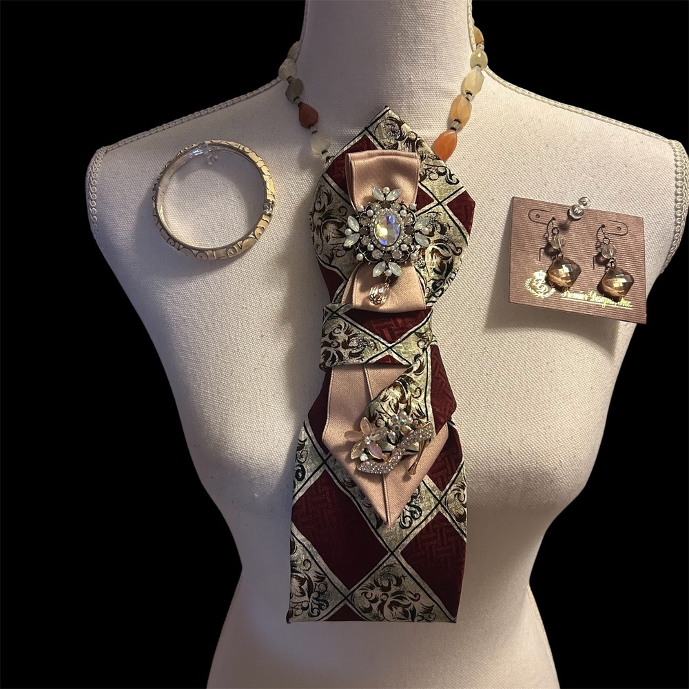 Premier Designs Jewelry Set Handcrafted Necktie Necklace Brooch Earrings Bangle - Picture 9 of 11